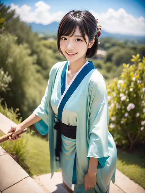 create something extremely realistic, picture-like images, japan full body shot of a woman. she has a short haircut with very li...