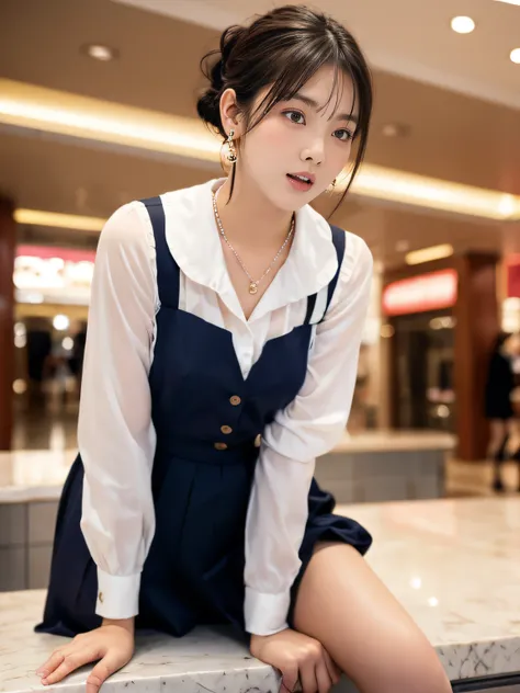 top-quality photo, ((round face)), film skin, a women, clerk uniform, dropping eyes, sleepy, blush, ecstasy face, straddling on the counter edge, open legs, raise leg, open mouth, masturbation, in the large mall, place where many people pass, ceiling, neck...