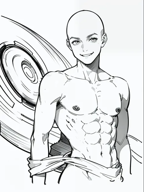 best quality, high resolution, (((clean background))), high contrast, line-drawing, monochromes, sketch, Pencil drawing, comic strip、manga comics, white background, clean line drawings, vibrant colors, undress, (((boy, solo, thin body))), (((bald))), ((nau...