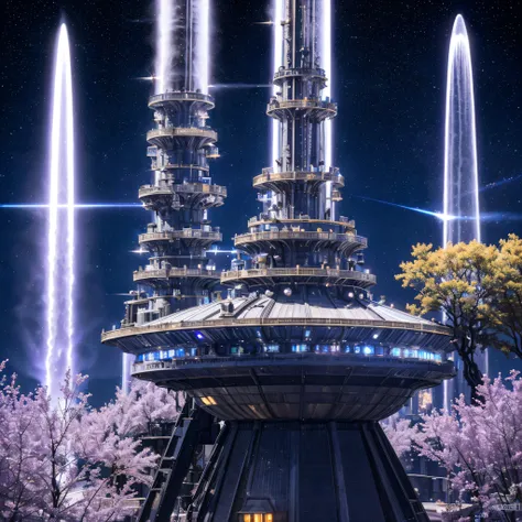 spectacular futuristic sci-fi night spaceship erupting from steam engine，sparkling silver water column.there  a chinese golden d...