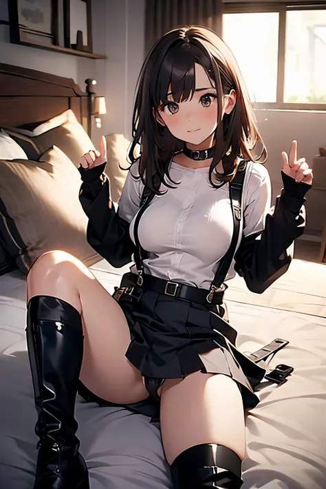 Brown hair、watching at viewers　　　black suspenders　　　Bulging big breasts　　 　 　　　walls: 　Black miniskirt　garters　　　　　　Gaze　　　Small face　bangss 　　　holster　　　Beautuful Women　　hands up　　Leg holster lying on the bed　　Gaze 　black boots panty shot