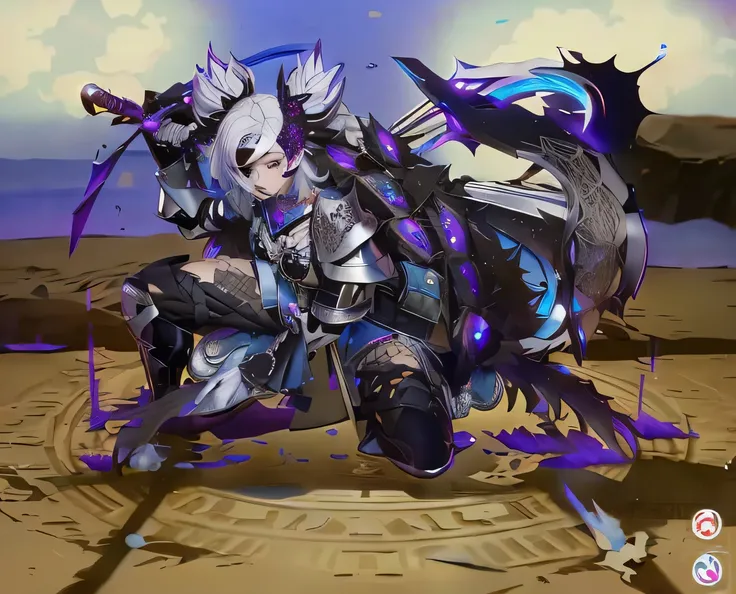 Anime style woman, white color hair，Black Bengal Eyeshadow，a true，Female side face，Best quality，kneel down on left knee，Upper body fishing net，bigger，coloack in color，Left hand black armor，Carrying a big black ax on his shoulder