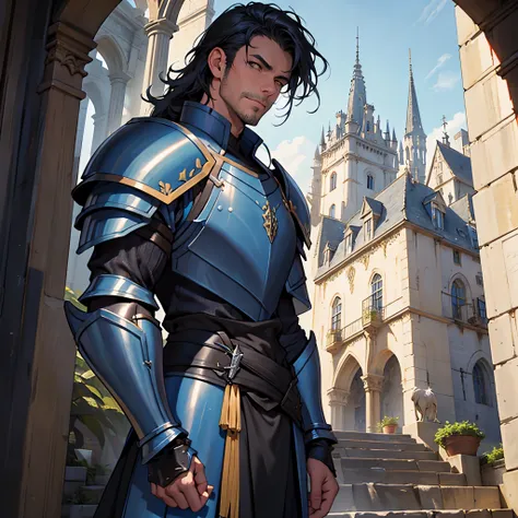 ​masterpiece, Best Quality, 4k, Very detailed, 1 person(((waist up))), Background with:In front of the stairs of a medieval castle built into a cliff, Black-haired man, ((((Blue  armor))))