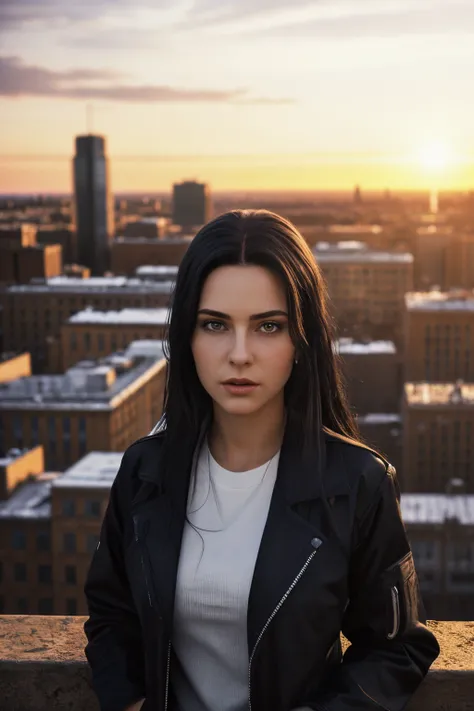 photorealistic:1.4, masterpiece, best quality, solo, Detailed face:1.2, perfectly proportions, photos realistic, ,Photo of mature Ukraine college girl, raw , long black hair, techwear, blurry background, eye focus, cowboy shot, huge city background, facing...