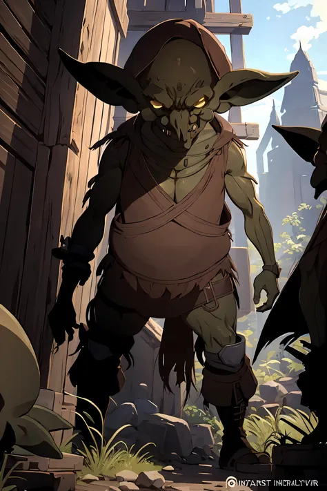 one goblin, badass, thick clothing, layered brown clothing, dark environment, evil goblin, goblin only, goblin fighter