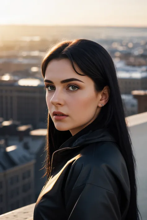 photorealistic:1.4, masterpiece, best quality, solo, Detailed face:1.2, perfectly proportions, photos realistic, ,Photo of mature Ukraine college girl, raw , long black hair, techwear, blurry background, eye focus, cowboy shot, huge city background, facing...