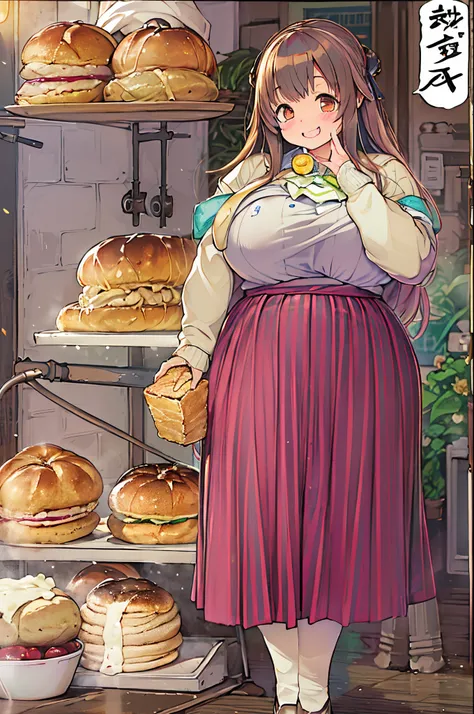 女の子1人、huge-breasted、kawaii、bbw、thick thight、big butts、Ultramammy,pleatedskirt、Bakery、Baker、with a cuppa bread、A big smile