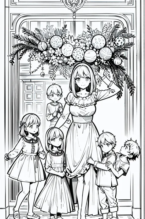 Christmas party, line art, no text, rule of thirds, harmony, fun, sketch, family fun, Fibonacci, mom, dad, kids, correct proportion