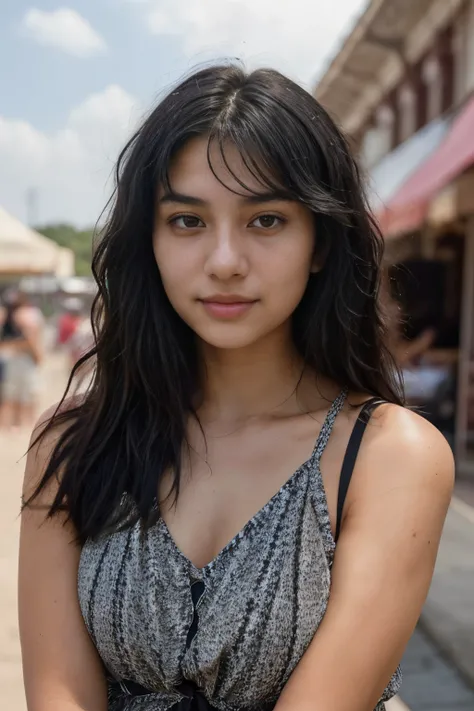 A 20-year-old woman with straight, wavy short black hair and fair skin is captured with an iPhone, facing directly towards the camera. The high-detail image, boasting an 8K resolution, features her with unobstructed facial visibility against a beautiful ba...