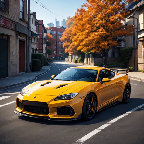 Skyline 32, autumnal，Sports car parked on a street covered with leaves (城市:1.3), fall, globalillumination, Volumetriclighting, Best quality at best, The  very detailed, computer graphics image processing, illustratio, octaneratingrendering,