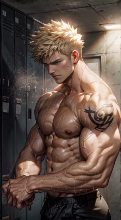 (best quality,4k,highres,masterpiece:1.2),ultra-detailed,realistic:1.37,men Bakugou Katsuki,locker room,taking off clothes,handsome,athletic build,wet bodies,sweat glistening on skin,glistening muscles,rippling abs,shadows and highlights,toned backs,broad ...