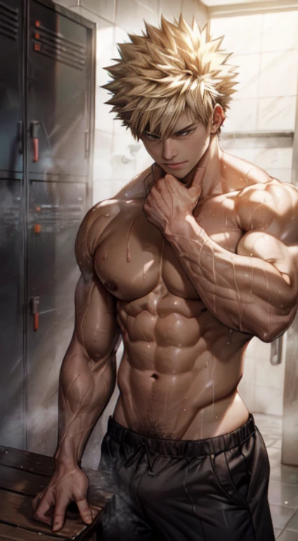 (best quality,4k,highres,masterpiece:1.2),ultra-detailed,realistic:1.37,men Bakugou Katsuki,locker room,taking off clothes,handsome,athletic build,wet bodies,sweat glistening on skin,glistening muscles,rippling abs,shadows and highlights,toned backs,broad ...