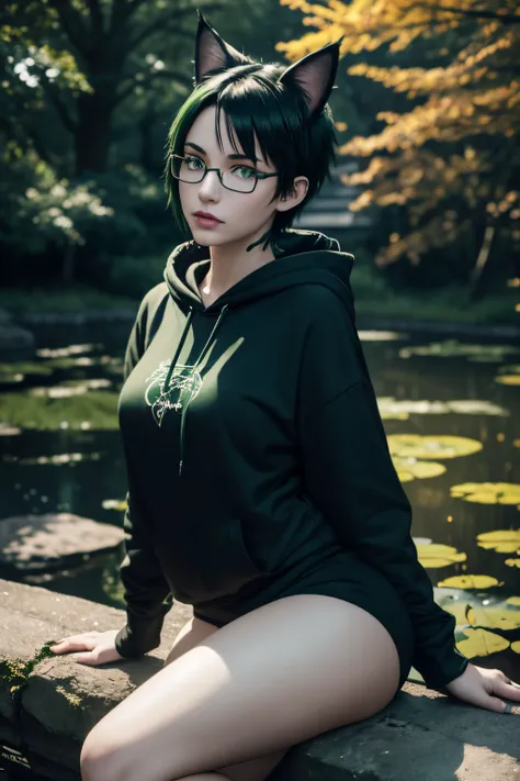 1 goth miqote woman, cat ears with green tiplack and green short wolf cut hair with green highlightreckles, pale skin, black cat tail, (glasses), green eyes, green lipstick, thick thighs, very shallow DOF, (film grain), (masterpiece), (detailed face:1.2), ...