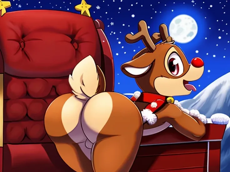 (((((Rudolph the reindeer))))), solo, male, gay, Santa reindeer, reindeer, furry, young, antropomorfic, girly, no hair, cub, child, sfw, sky, (((((Santas sleigh))))), inside the sleigh, on the sleigh bench, head out of the sled, night sky, full moon, white...