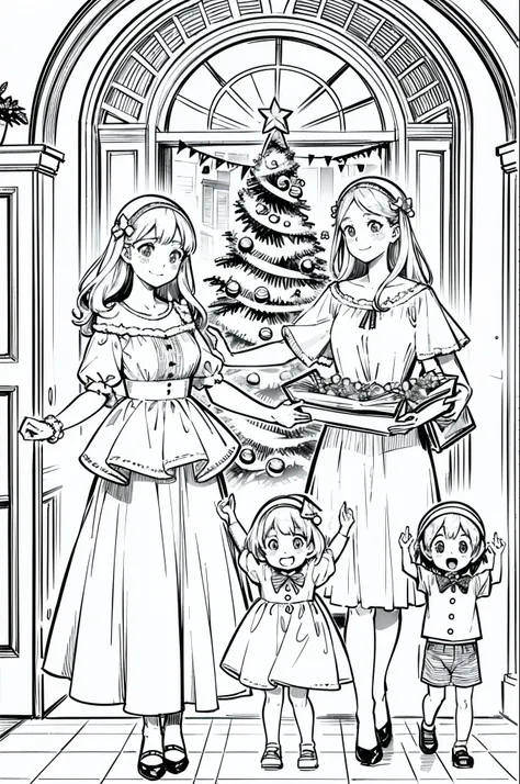 Christmas party, line art, no text, rule of thirds, harmony, fun, sketch, family fun, Fibonacci, mom, dad, kids, happy