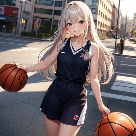 A 25 years old girl wearing basketball dress, a little tired, smiling face, looking at viewer