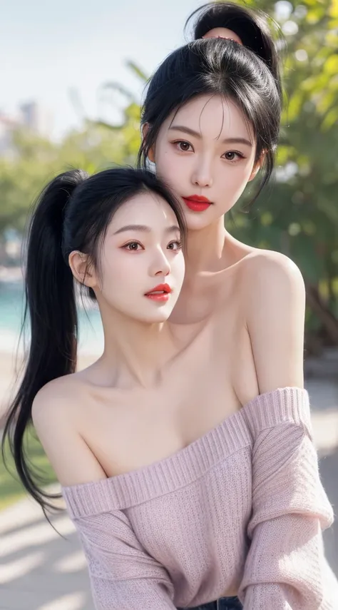 cute girl photo realistic,in a park in front of beach, exquisite and beautiful face, pretty face, (peach Red lips:1.1),(white skin:1.1),  tender and ,(black hair:1.15), purple hair, ponytail hair, smile, exquisite collarbone, seductive and delicate collarb...