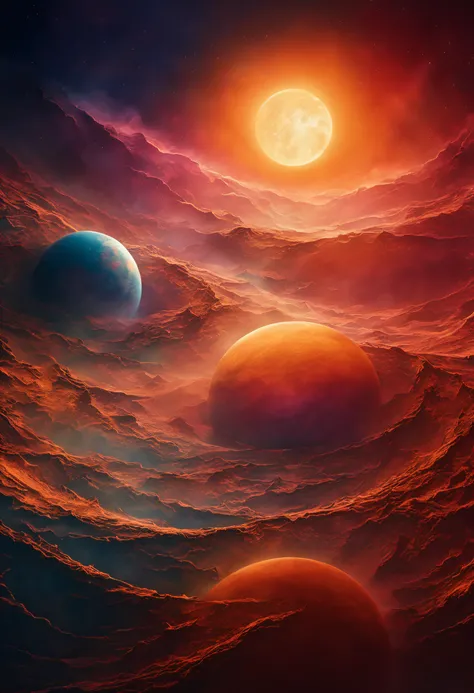 a magnificent sunset on a strange and mysterious dream planete. Its very textured and detailed with dreaming lot of whirlwind multicolored and dreaming dust