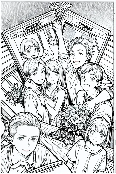 Christmas party, line art, no text, harmony, fun, sketch, family fun, Fibonacci, mom, dad, kids, happy, straight couple