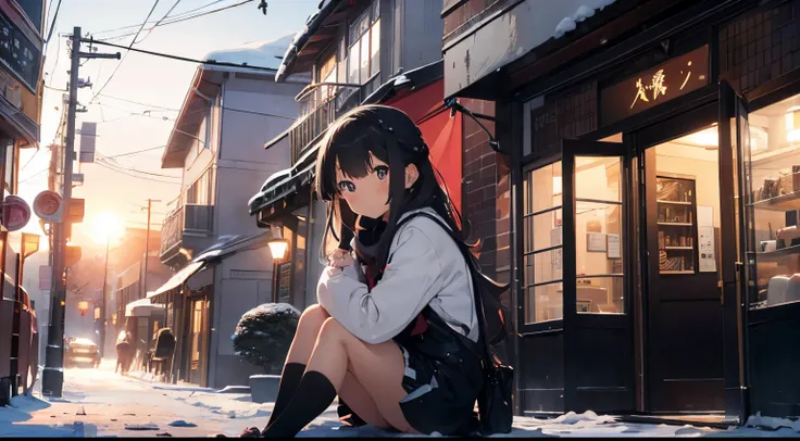 A beautiful anime girl sits at the entrance of a cafe and listens to music as the sun sets in winter and snow.