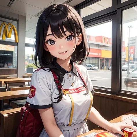 A 25 years old girl wearing McDonalds staff dress, smiling face, looking at viewer