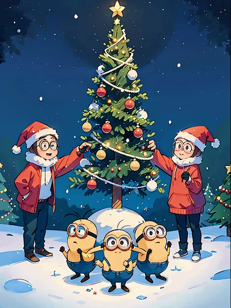 Minions celebrating Christmas around the Christmas tree in the snow，cinematic ligh《Despicable Me》，Minions，Animated characters，Rich details​，hyper HD，Winters，natta，Tanonaka