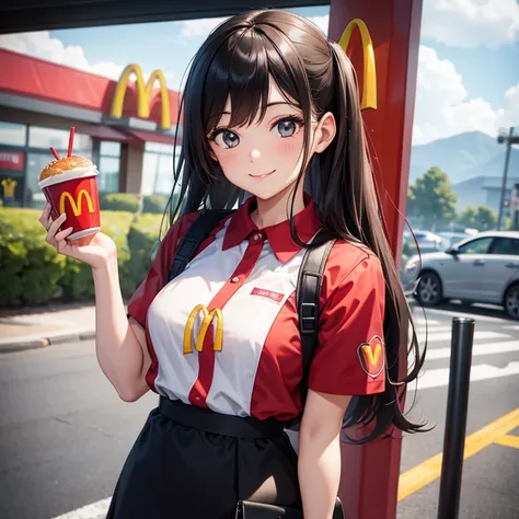 A 25 year old girl wearing McDonalds staff dress smiling face looking at viewer