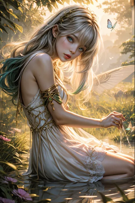 "((Innocent)) girl, golden hour, dreamy meadow, ethereal, whimsical, flowing dress, soft sunlight, enchanting, butterfly wings, (pastel clouds), liquid reflections