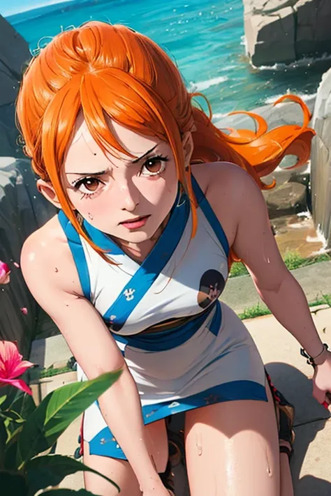 ((Illustration:1.4, UHD, masterpiece, high resolution)), nami from one piece, two tone bright orange hair, perfect face, (wet,sweat), fullbody:1.4, masterpiece, kunoichi outfit, mini dress, sleeveless and with a floral pattern, ((pov, pov hand, pov lifting...