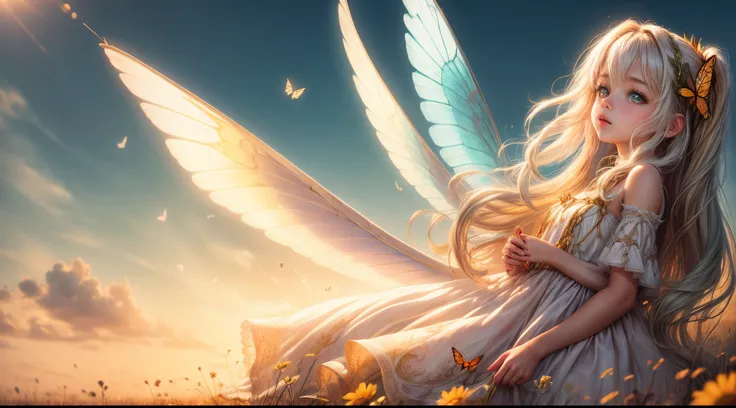 "((Innocent)) girl, golden hour, dreamy meadow, ethereal, whimsical, flowing dress, soft sunlight, enchanting, butterfly wings, (pastel clouds), liquid reflections