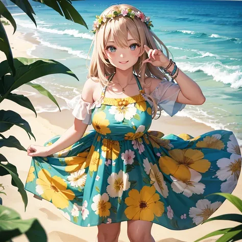 A 25 years old girl wearing Hawaii beach dress and flowers ring crown, smiling face, looking at viewer