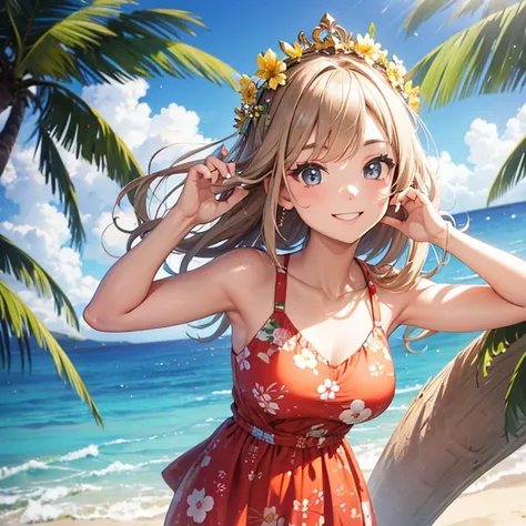 A 25 years old girl wearing Hawaii beach dress and flowers ring crown, smiling face, looking at viewer