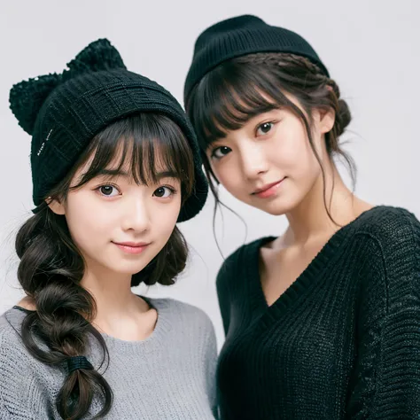 The girl on the right is wearing a black knitted hat and has medium-length curly hair.、The girl on the left has thin bangs and is tied in a low bun.Both girls have a piece next to their eyes.The background is white.The girl on the right is wearing black.Th...