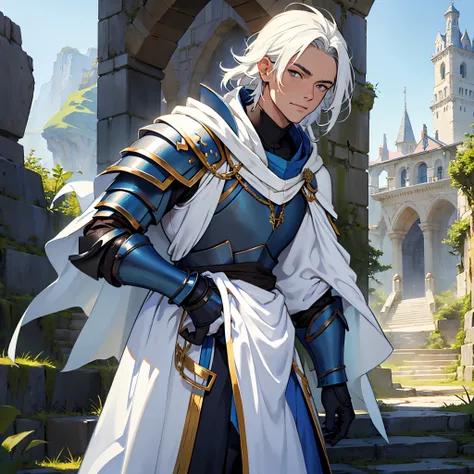 ​masterpiece, Best Quality, 4k, Very detailed, 1 person(((waist up))), Background with:In front of the stairs of a medieval castle built into a cliff, Man with a, (((((Blue armor and white cloak))))), ((Gold decoration)),