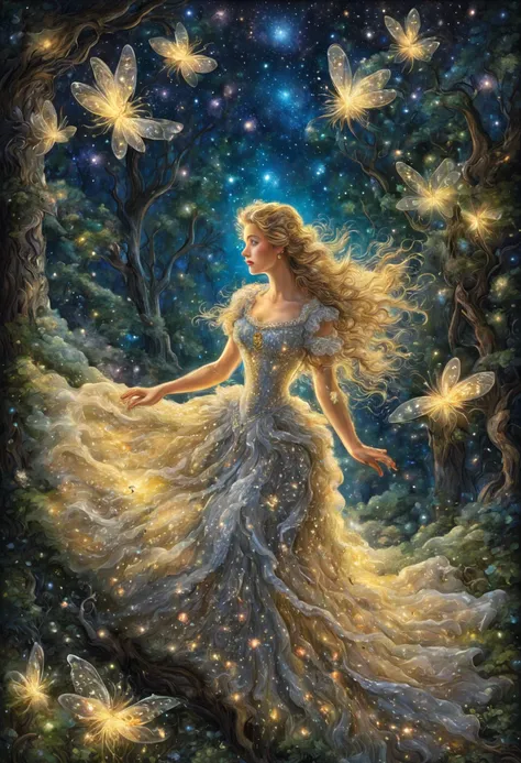 josephine wall, beautiful night forest, fireflies, beautiful white woman, gorgeous rococo dress with stars scattered everywhere,...