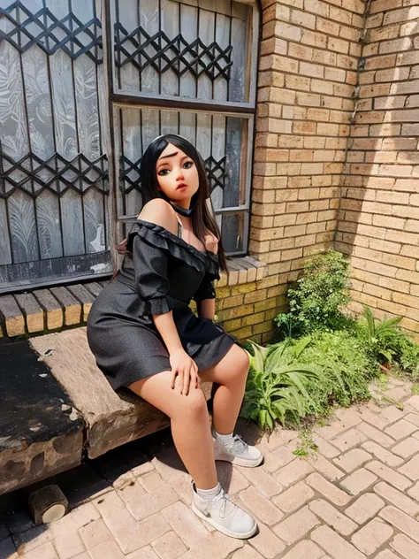 Girl in a black dress sitting on a drum next to plants