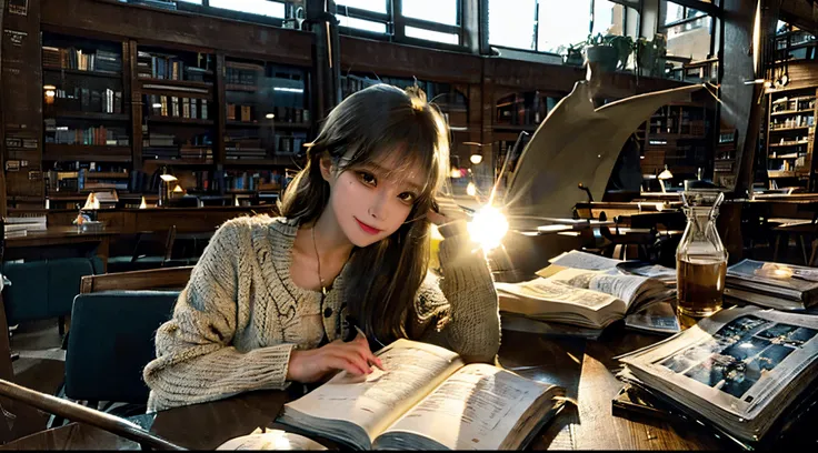 The girl  studying in the library sideways，The light of sunset shines on her face