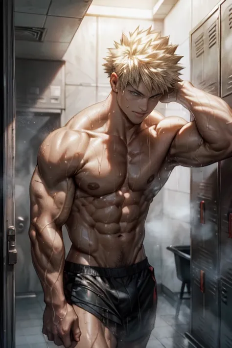 (best quality,4k,highres,masterpiece:1.2),ultra-detailed,realistic:1.37,men Bakugou Katsuki, (handsome:1.2), locker room,taking off clothes,handsome,athletic build,wet bodies,sweat glistening on skin,glistening muscles,rippling abs,shadows and highlights,t...