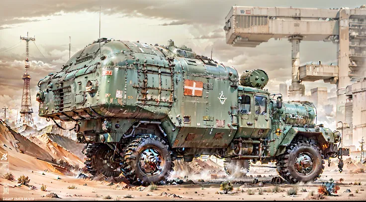 "soviet military truck,square, ural-4320 ,futuristic truck, if & life support module,armored , surrounded by a gray desert, side...