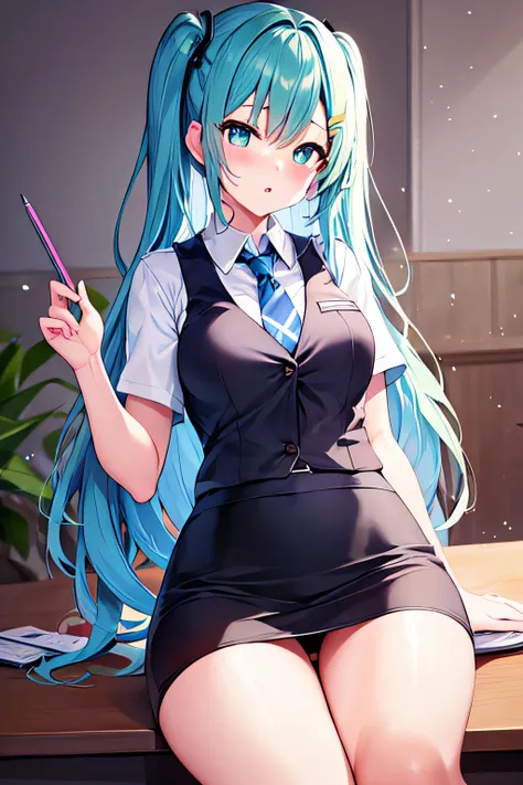 ​masterpiece、Top image quality、超A high resolution、NSFW、miku hatsune、blue hairs、Twin-tailed、Blushing、mock、Open your mouth just a little、White dress shirts、pencil skirts、office lady vest、firm breasts、well-shaped breasts、White panties、sitting at office desk w...