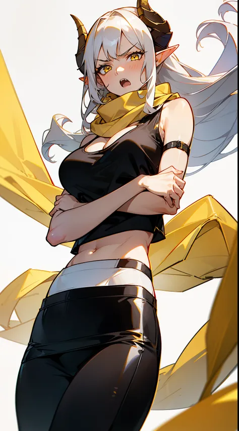 1girl,20s,mature female,long hair, white hair,curly hair,yellow eyes,(angry face),medium breasts,show belly,cleavage,horns,elf ears,((yellow scarf)),(((white background))),(black tank top,black pencil skirt,black leather pants),standing,crossed arms,open m...