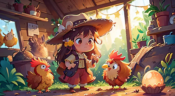 Gere uma imagem com MARIA, a menina de 6 anos com longos cabelos castanhos, dressed in a charming cowboy outfit and a cowboy hat, sozinho no galinheiro da fazenda. She is next to a majestic rooster named Rusty, conhecido por suas vibrantes penas vermelhas ...