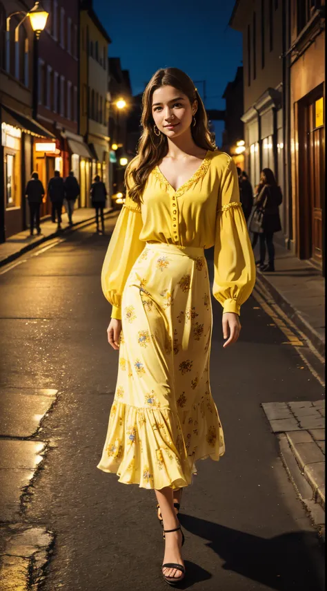 Foto hiperrealista en primer plano de Willa Fitzgerald, masterpiece, best quality, (photorealistic:1.4), full body,  (yellow Casual Boho Floral Blouse Shirts V Neck Long Puff Sleeve Lightweight Chiffon:1.2), (yellow fall maxi maxi skirt:1.1), heels, woking...