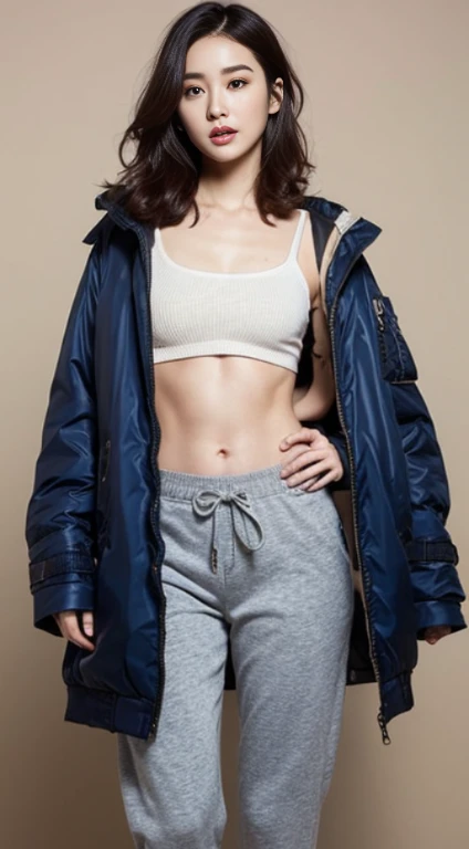 A woman with the same face as last time，Slender Abs、Loose wavy styling、bomber jacket、Beautifully expressed in every detail., Including face and skin texture.，Detailed eyes，Seducting look、full body Esbian