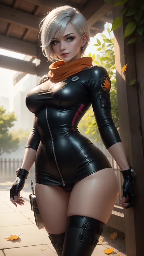 gwen tennyson,yorha 2b,tracer,jill valentine,overwatch,resident evil,close up,bamboo forest,tattoos,orange plugsuit,short sleeve pilot top,short sleeve sport pilot jacket,white and orange lycra tight skirt,silver steel leather corset,short hair,punk makeup...