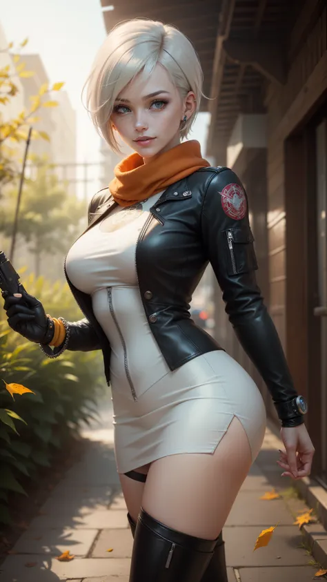 gwen tennyson,yorha 2b,tracer,jill valentine,overwatch,resident evil,close up,bamboo forest,tattoos,orange plugsuit,short sleeve pilot top,short sleeve sport pilot jacket,white and orange lycra tight skirt,silver steel leather corset,short hair,punk makeup...