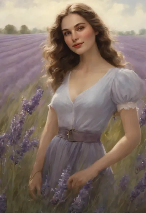 真实感, dark fantasy style, John Tolkien style, Small painting by Jean-Baptiste Monge, portraite of a, looks from the front, Soft facial features, Picture of Pepi&#39;image of long stockings, girl smiles, stands in the center of a lavender field, Hands raised...