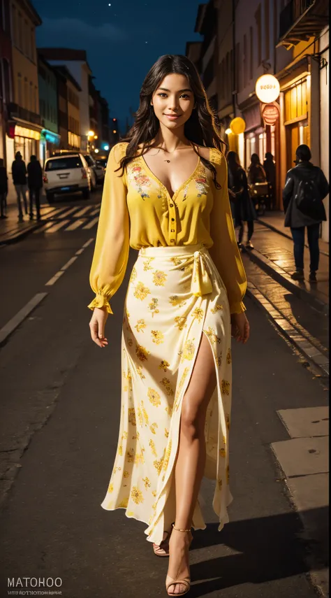 Foto hiperrealista en primer plano de Kim Joo, masterpiece, best quality, (photorealistic:1.4), full body, (yellow Casual Boho Floral Blouse Shirts V Neck Long Puff Sleeve Lightweight Chiffon:1.2), (yellow fall maxi maxi skirt:1.1), heels, woking on the ol...