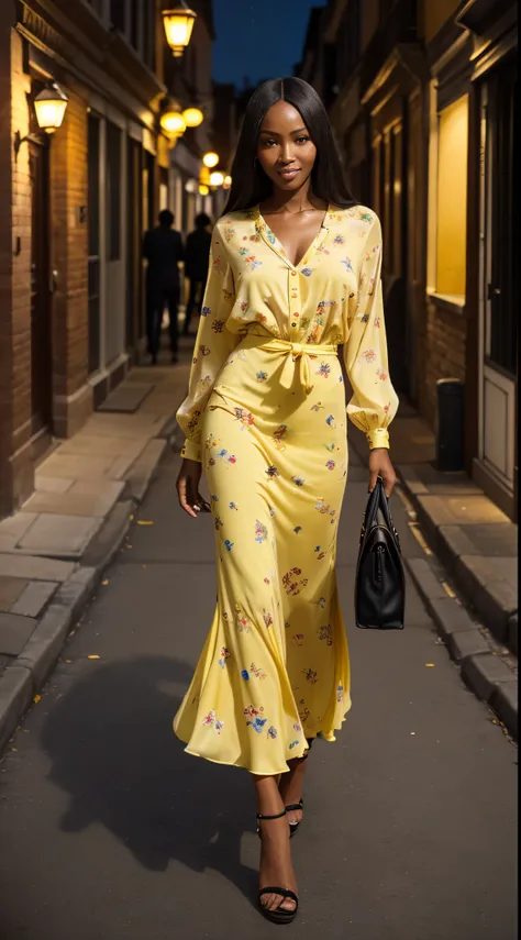 Foto hiperrealista en primer plano de Naomi Campbell, masterpiece, best quality, (photorealistic:1.4), full body, (yellow Casual Boho Floral Blouse Shirts V Neck Long Puff Sleeve Lightweight Chiffon:1.2), (yellow fall maxi maxi skirt:1.1), heels, woking on...