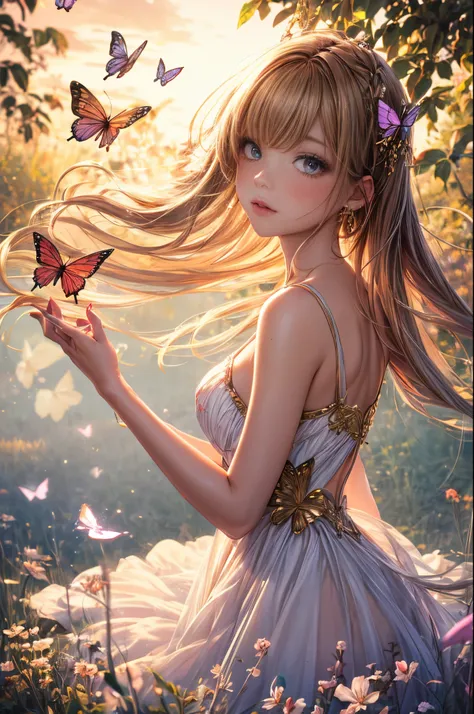 "((Innocent)) girl, golden hour, dreamy meadow, ethereal, whimsical, flowing dress, soft sunlight, enchanting, butterfly wings, (pastel clouds), liquid reflections